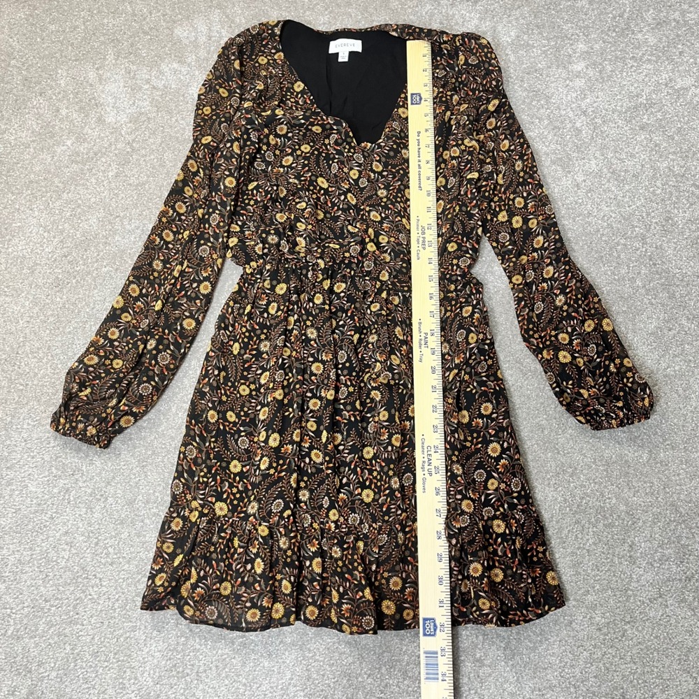 Evereve Floral Mini Dress Womens Small Black Orange Long Sleeve V-Neck - Picture 6 of 10